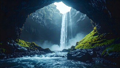 Mystical Waterfall Gushing Through Cave Opening in Lush Landscape.