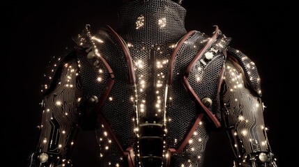 Industrial robotic exoskeleton suit glowing AI circuits mechanical design details