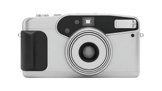 Modern pointandshoot camera in silver and black isolated on transparent background