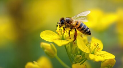 A bee is busy collecting nectar from a cluster of yellow flowers under warm sunlight in a blooming garden. The scene captures the essence of spring and nature's beauty.