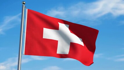 Patriotic Switzerland flag waving proudly against a bright blue sky representing Swiss national pride and identity in dynamic motion - Powered by Adobe