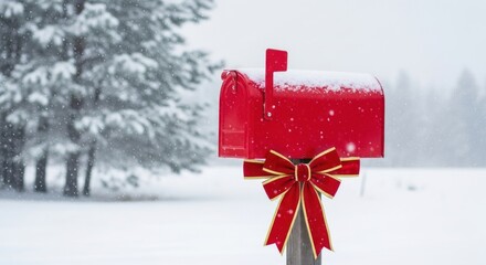 Red mailbox adorned with a festive red and gold bow in a beautiful snowy winter landscape, featuring falling snowflakes and blurred evergreen trees, perfect for holiday greetings and season' cheer.