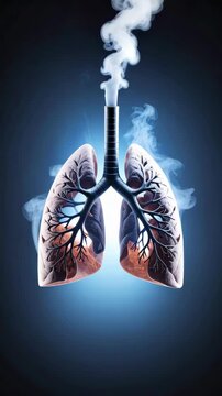 Human lungs emitting toxic white smoke against a dark blue gradient background, anatomical organ illustration with bronchial tree airway.