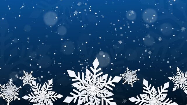 White snowflakes and bokeh effects on gradient blue background. Larger flakes form bottom border. Copy space. Loop animation.