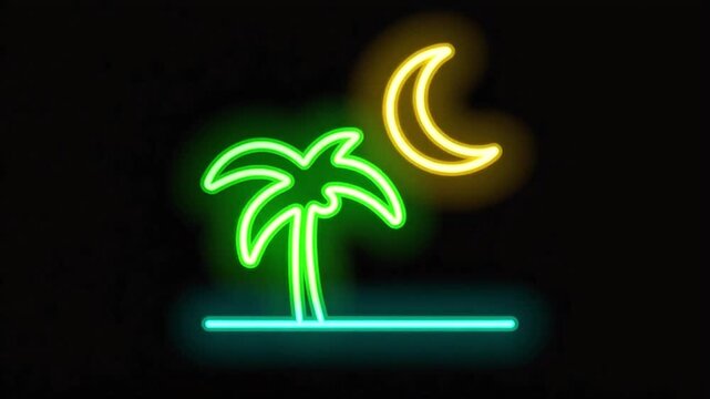 Neon palm tree icon glowing on a pure black background with a yellow crescent moon above a thin cyan horizon line, soft tropical light creating a clean bright symbol for travel, night, and summer them