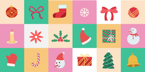 Christmas mosaic background with colorful cute xmas drawing elements, christmas tree, bows, star, snowflake, snowman. Winter season, vector design for covers, invitations, posters, banners, flyers