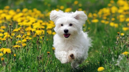 A playful white dog joyfully runs through a vibrant field filled with yellow dandelions. Its ears bounce with each leap under the bright sun in a cheerful spring atmosphere.