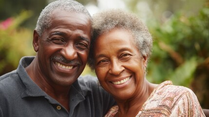 Two smiling older adults pose closely together enjoying a moment of happiness in a vibrant garden filled with greenery and colorful flowers.