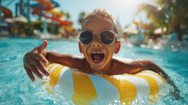 A young boy is happily swimming in a blue pool with an orange and white inflatable ring. The sun is shining bright as he smiles and plays in the water at a water park.