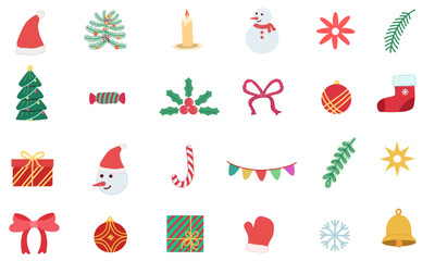 Christmas decorative ornaments with funny Snowman, candy cane, pine tree, leaves, star, ribbon bow, red stocking and gift boxes. Merry Christmas cute doodle element vector illustration
