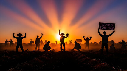 Celebrating World Soil Day at sunset farmers raise their hands in silhouette promoting soil health and sustainable agriculture