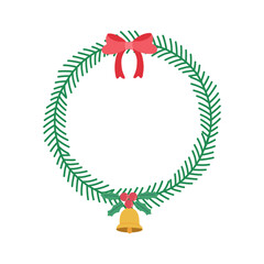 Vector illustration of Merry Christmas wreath with copy space isolated background. Circle green fir twigs with red ribbon bow, bell and  red berries. Winter xmas holidays. For greeting card template.