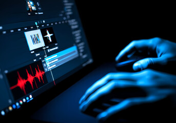 映像編集　クローズアップ　パソコン　液晶　映像作成　クリエーター