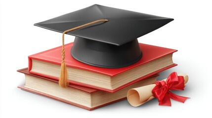 On a clean surface two stacked books rest beneath a black graduation cap adorned with a gold tassel. A rolled diploma tied with a red ribbon lies beside them representing educational achievement.