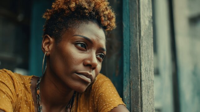 A woman with curly hair reflects while leaning against a wooden window frame. She wears a yellow top and appears lost in thought as the warm light casts gentle shadows.