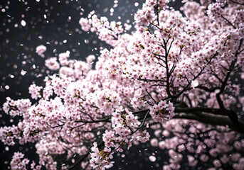 フォーカスされた花びらが舞う オーバーレイ用ロマンチック背景　桜吹雪　桜　舞う