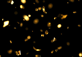 キラキラと舞い落ちるメタリックなコンフェッティの背景素材　金色の紙吹雪