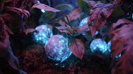 Robotic cybernetic garden glowing AI controlled plants