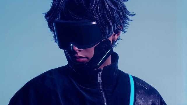 Mysterious person in dark glasses under blue light conveying style attitude confidence and modern character mood captured