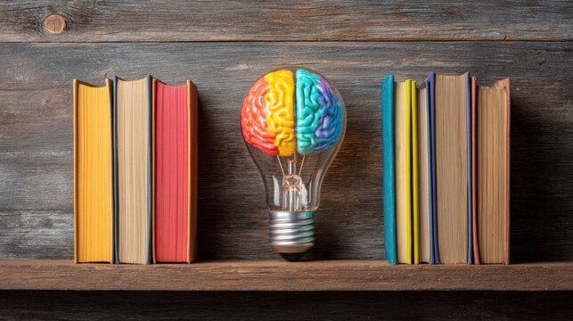 A bright and colorful brain shaped light bulb sits on a wooden shelf flanked by neatly arranged books in various colors creating an artistic and intellectual atmosphere.