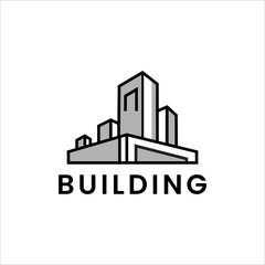 Naklejka premium Modern building logo vector with minimalist skyscraper outline for real estate construction architecture corporate property and city development design