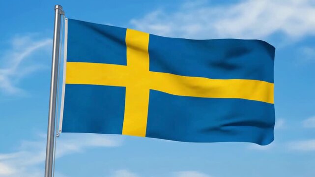 Sweden flag waving proudly against bright blue sky, celebrating national pride and freedom on a beautiful sunny day