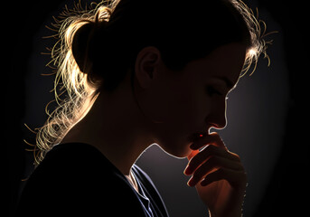 沈黙の中で思案するj人物の横顔とシルエット　