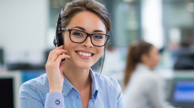 A friendly customer service representative smiles while speaking on a headset in an open modern office environment. Colleagues are visible in the background working on computers.
