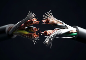 剥き出しの電線端と通信ケーブルの構造　断線