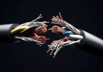 剥き出しの電線端と通信ケーブルの構造　断線