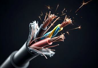 剥き出しの電線端と通信ケーブルの構造　断線