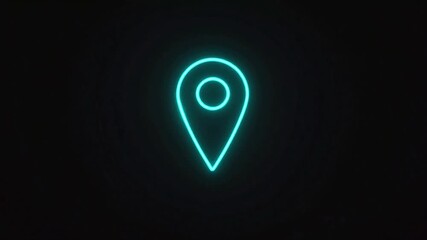 Map pin neon icon glowing in cyan tubes, showing a clean minimal location marker with a small central circle, floating on deep black background with wide empty space for modern navigation visuals. - Powered by Adobe