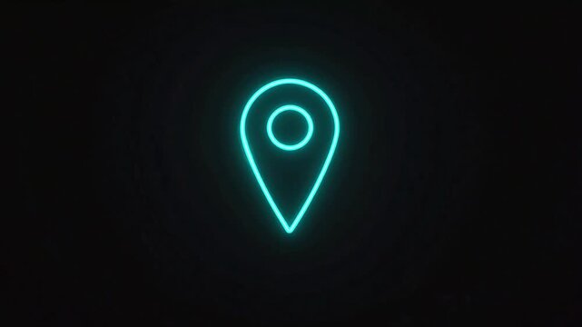 Map pin neon icon glowing in cyan tubes, showing a clean minimal location marker with a small central circle, floating on deep black background with wide empty space for modern navigation visuals.