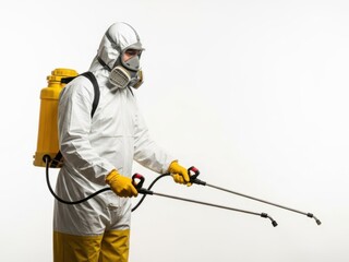 Pest control worker in protective suit spraying with sprayer isolated on white background