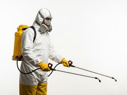 Pest control worker in protective suit spraying with sprayer isolated on white background - Powered by Adobe