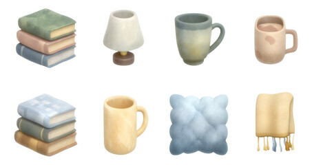 Cozy Reading Nook Essentials in Soft Watercolor Illustration Style on Transparent Background