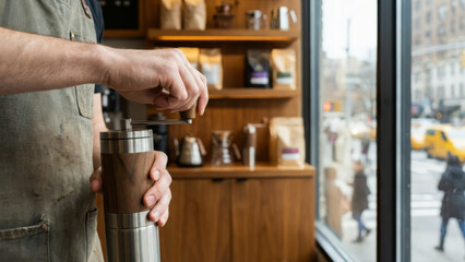 Barista grinding fresh coffee beans in a modern coffee shop. manual or traditional coffee concept.