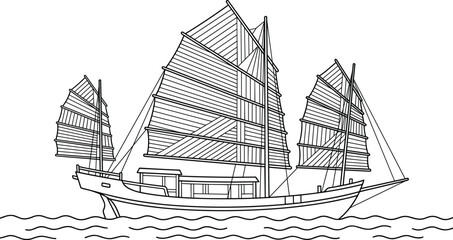 Black and White Line Art Drawing of a Traditional Chinese Junk Ship Sailing on Waves, Ancient Asian Sailing Vessel, Outline Vector Illustration, Maritime History Sketch