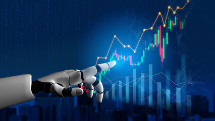 A robotic hand points toward vibrant data visualizations, symbolizing the integration of technology in finance and stock market strategies, showcasing innovation and progress. Scalp