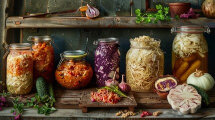 Fototapeta premium A selection of home-fermented vegetables in jars, featuring sauerkraut, kimchi and pickles on a rustic wooden table.
