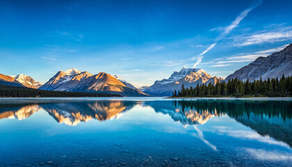 Majestic snow-capped mountains perfectly reflected in the crystal-clear waters of a tranquil lake, bathed in the soft glow of a breathtaking sunrise, highlighting pristine wilderness