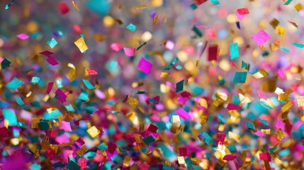 Brightly colored confetti falls from above creating a vibrant scene during a lively celebration. The mix of pink gold and turquoise pieces adds to the festive atmosphere.