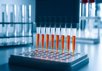 Multichannel pipette dispensing liquid into a microplate in laboratory