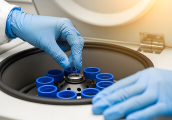Scientist placing tube in centrifuge rotor wearing blue glove in lab