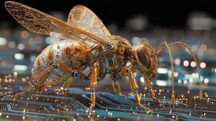 Robotic insect golden wings standing on glowing motherboard landscape