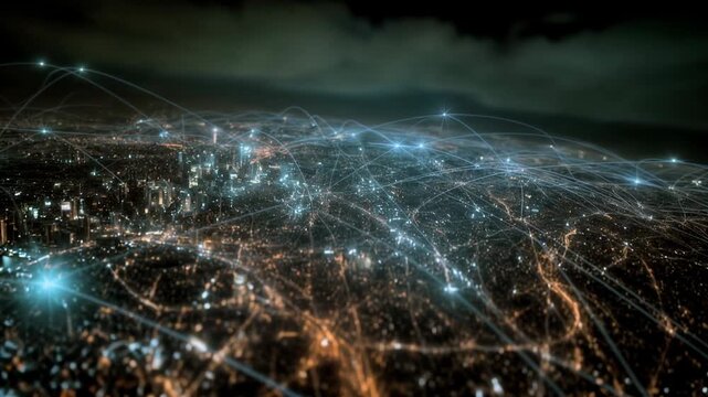 Global network map with glowing points symbolizing connectivity communication data flow and worldwide technology infrastructure captured