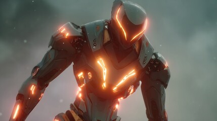Robotic mech suit powered AI glowing with battle energy