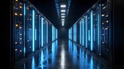 Data center server room with blue lights