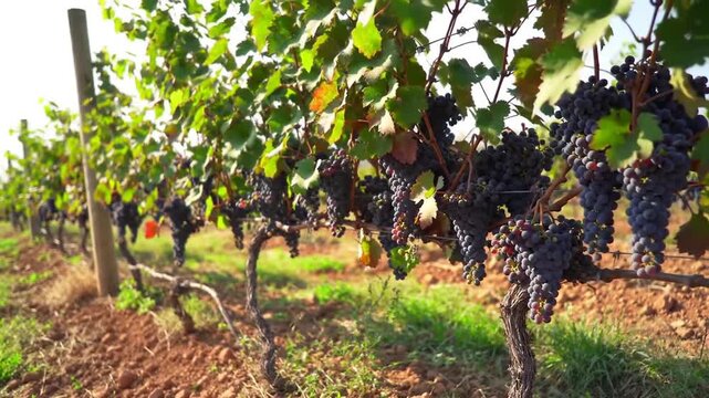 Lush rows of grapevines, laden with plump, dark fruit, basking in sunlight, leaves creating a canopy