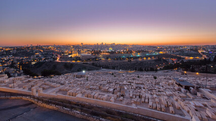 Jerusalem panorama view over the City day to night timelapse from the Mount of Olives.